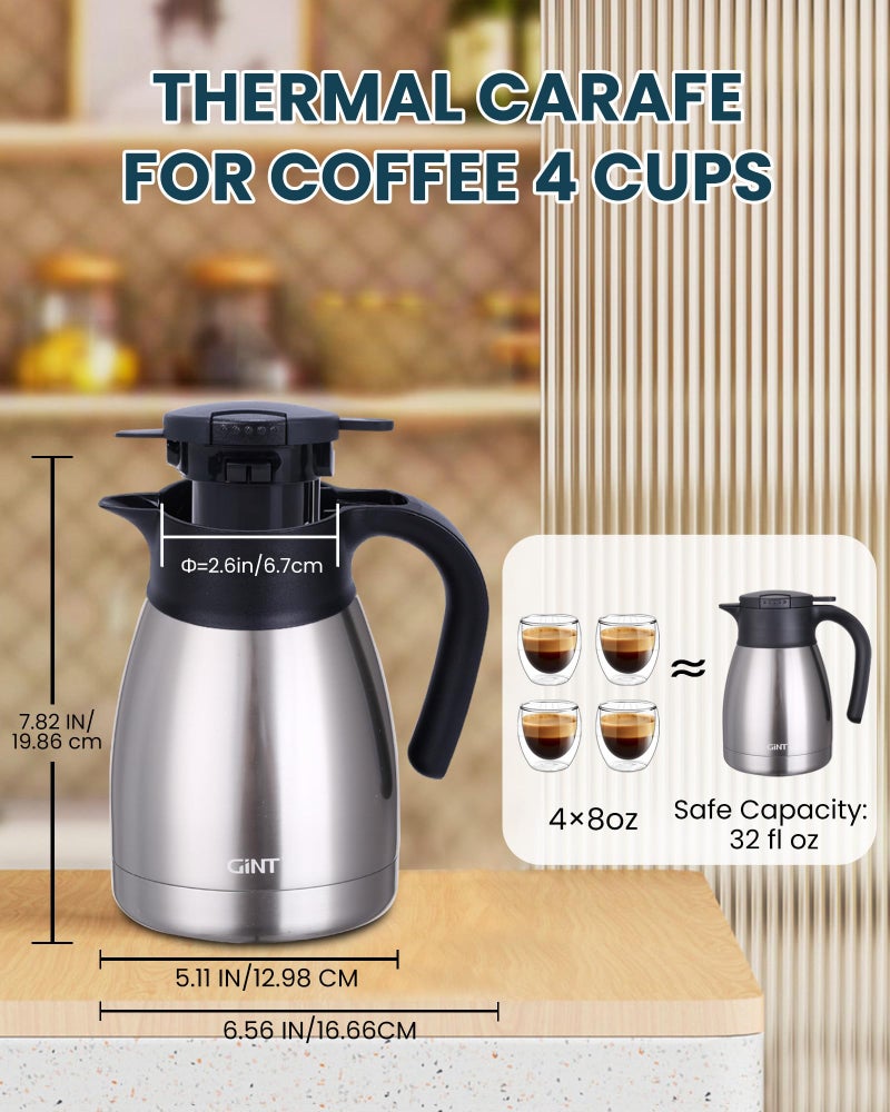 GiNT 34Oz Thermal Coffee Carafe, Insulated Stainless Steel Coffee Carafes for Keeping Hot/Double Walled Vacuum Coffee Carafe (Silver, 1L) - Image 4